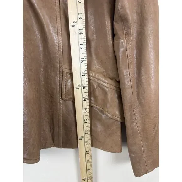 Leather Blazer Jacket with Mao Collar, Front Pockets – Brown Approx. Size M - Picture 14 of 15